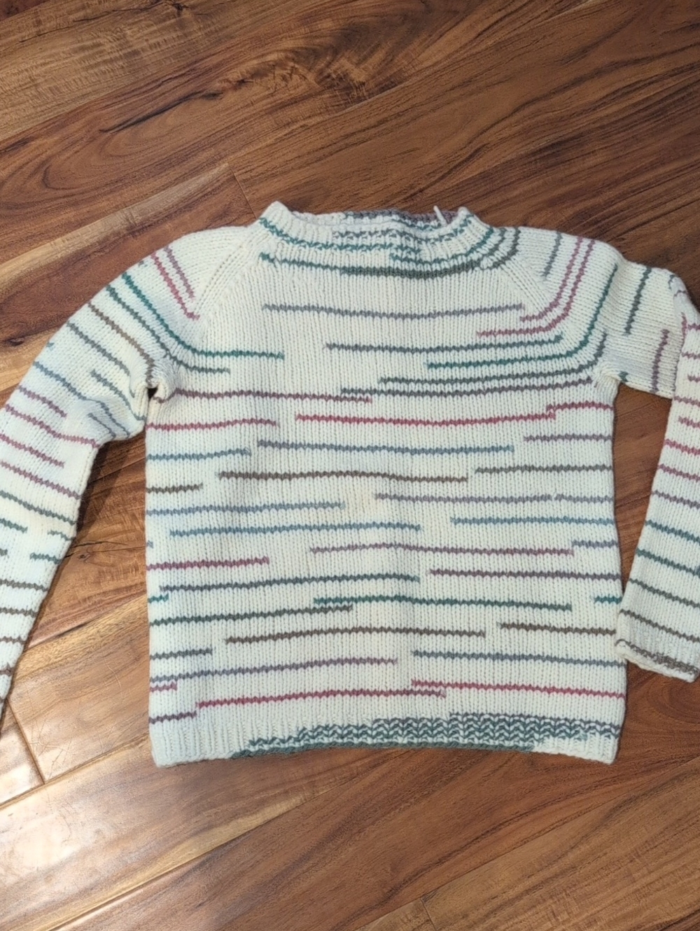 Hand Knit Cream Striped Knit Sweater - Women's Casual Pullover